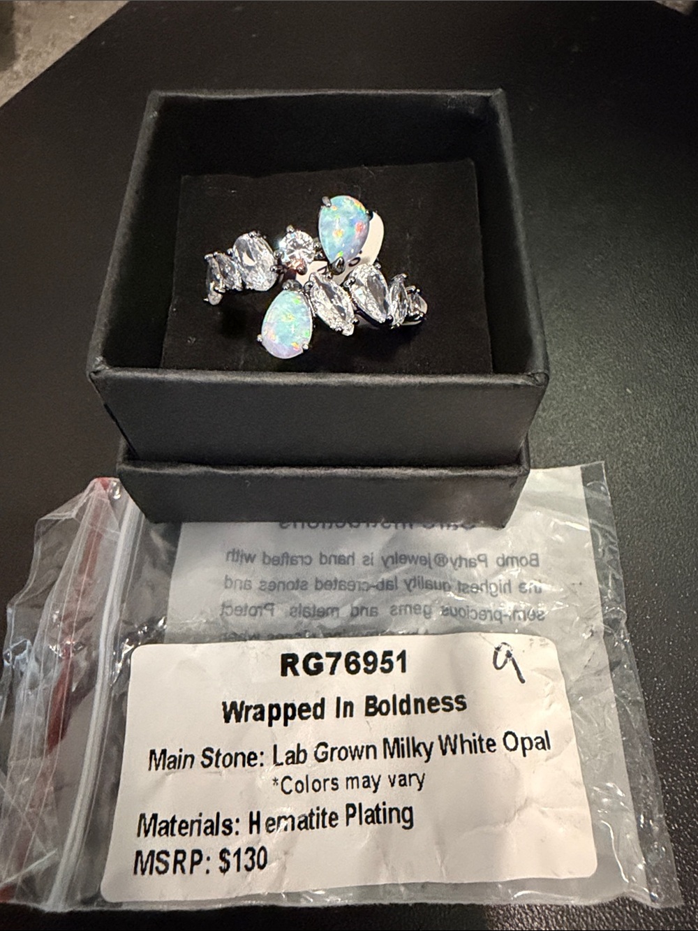 Bomb Party October Wrapped in Boldness Milky White Opal and Hematite Ring size 9